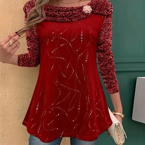 Chic Red Women's Blouse with Textured Sleeves